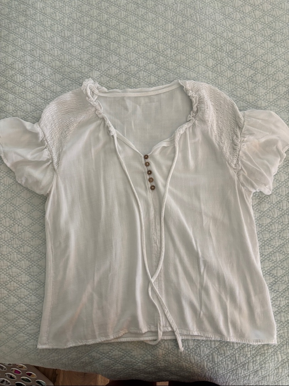 White Short-Sleeve Peasant Blouse with Tie Detail